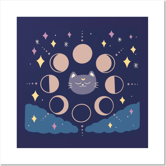 Quirky Moon Phase Cat Wall Art by awesomesaucebysandy